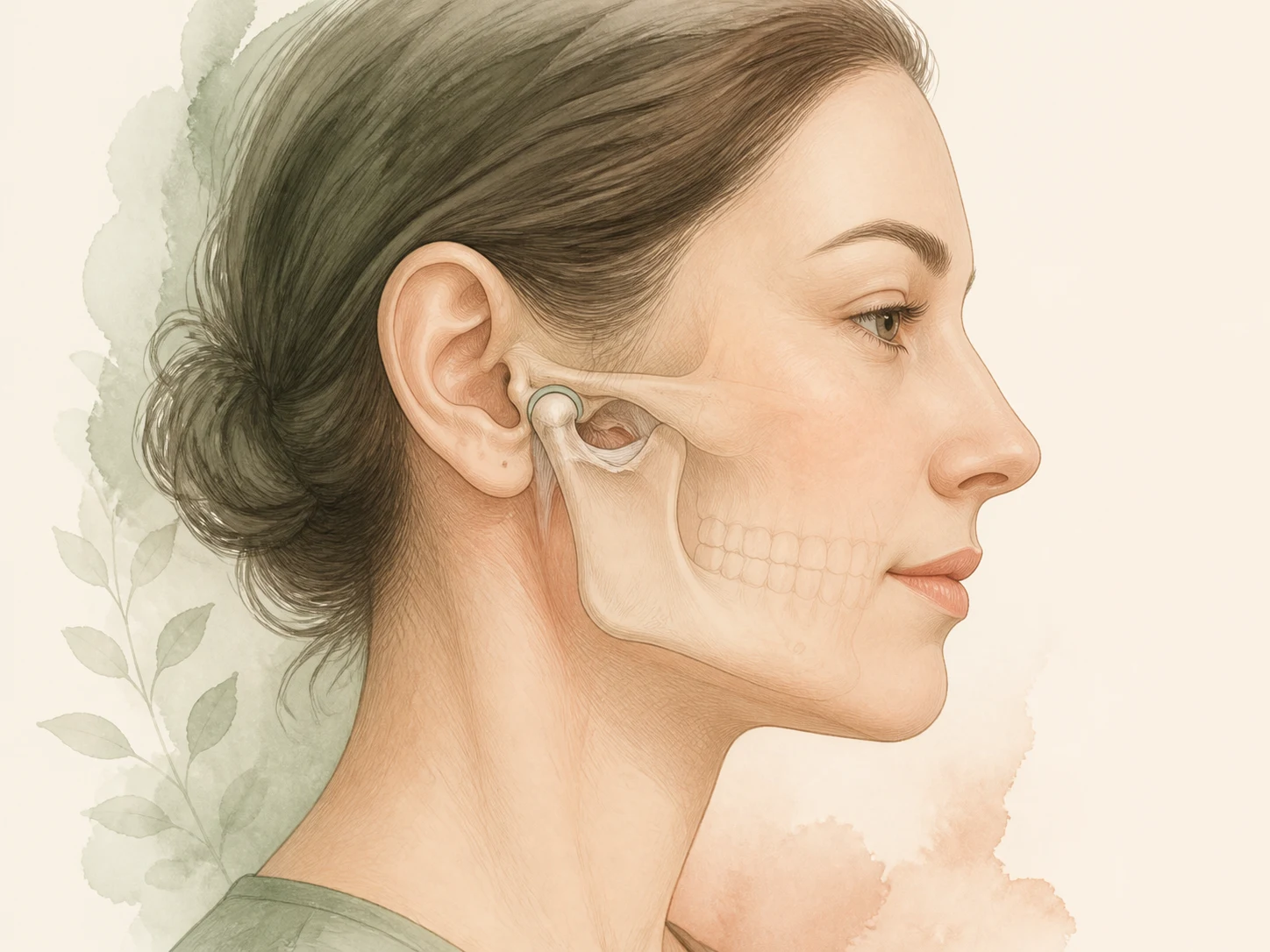 Jemná ilustrace anatomie čelistního kloubu v bočním pohledu